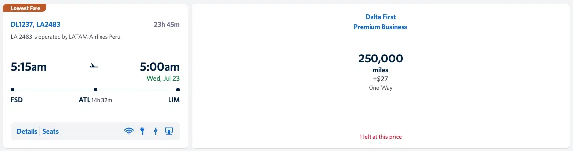 Delta SkyMiles award booking from FSD-LIM in business class for 250,000 SkyMiles.